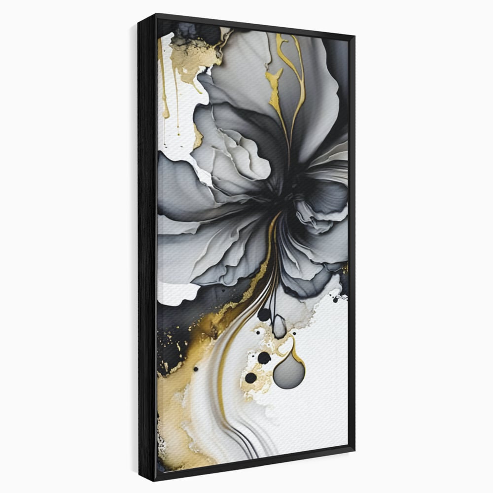 Tablou canvas cu tablou abstract cu floare neagra si accente aurii, in rama de aluminiu negru